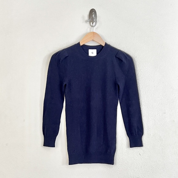 GWYN 100% Cashmere Signature Puff Sleeve Crew Sweater in Navy Blue - Picture 7 of 11